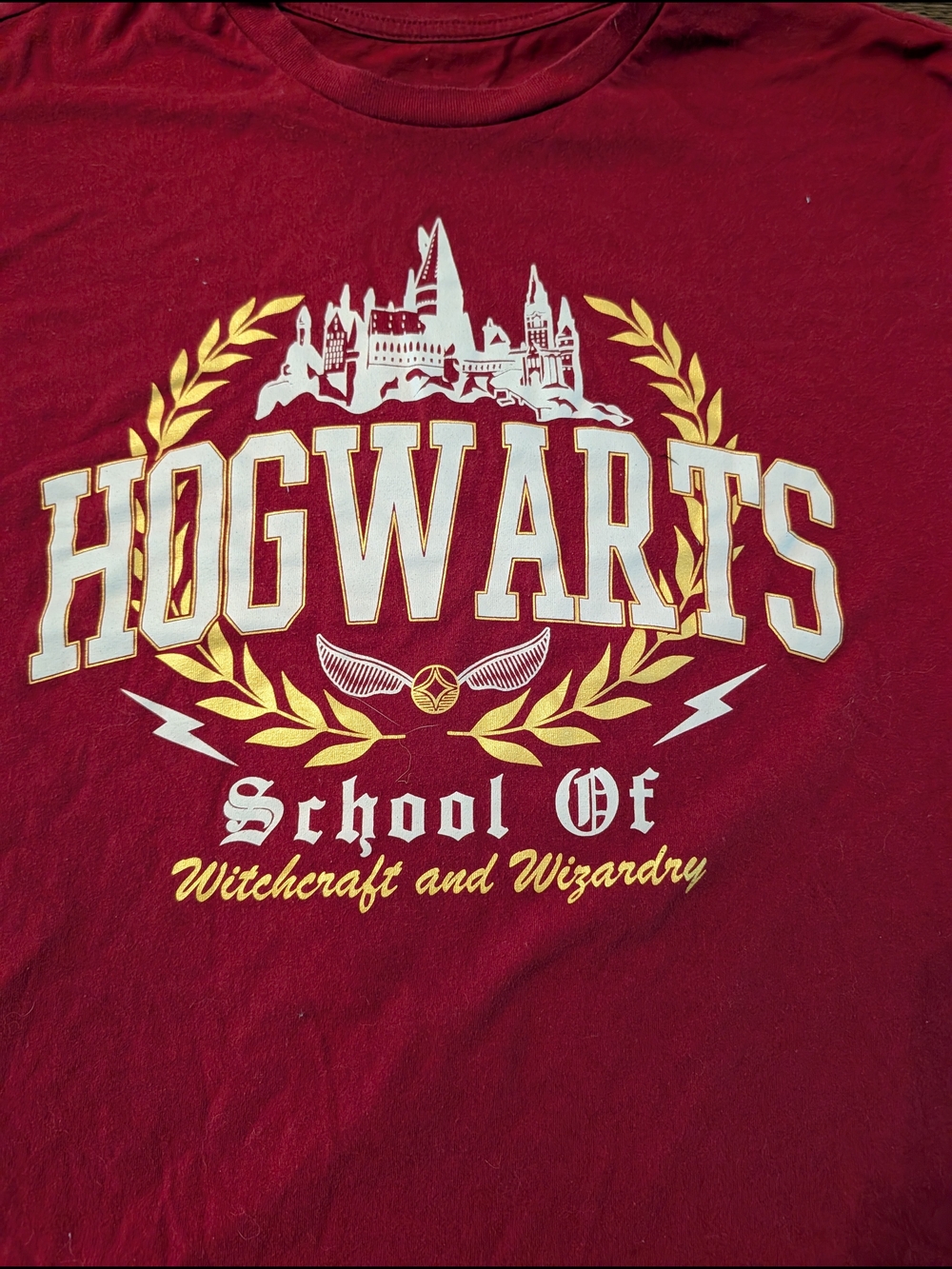 H&M Maroon Kids' XL Hogwarts Graphic Tee with Gold and White Accents